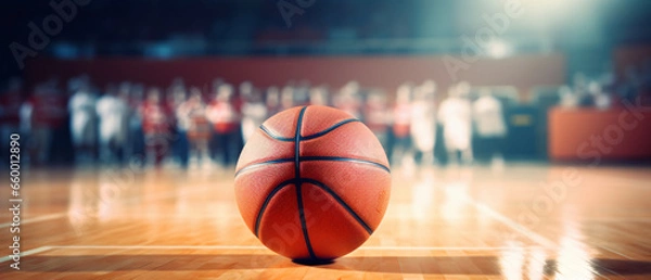 Fototapeta Basketball game sport arena stadium court on spotlight with basket ball on floor