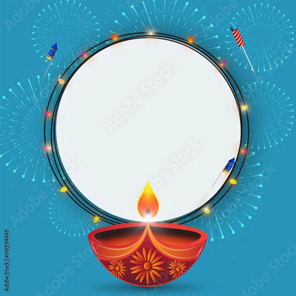 Fototapeta Happy Diwali festival of lights background with diya and firecrackers. Blank space for your advertisement work.
