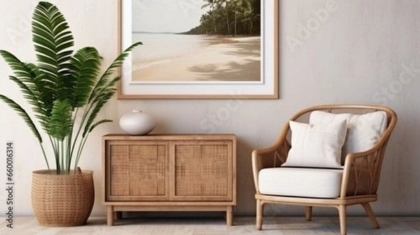 Fototapeta Stylish interior design of living room with wooden retro commode, chair, tropical plant in rattan pot, basket and elegant personal accessories. Mock up poster frame on the wall. Template. Home decor.