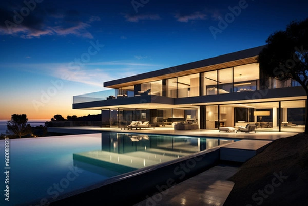 Fototapeta Contemporary Masterpiece: Captivating View of a Modern Villa, Expanding the Boundaries of Luxury Living with its Open-Concept Layouts
