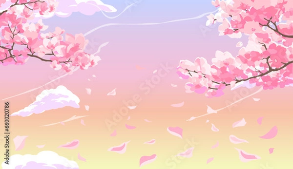 Fototapeta Pink blossoming sakura branches with petals falling against the background of a pink sunset sky with clouds.