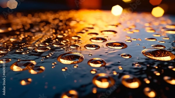 Fototapeta Abstract background with water drops on a glossy horizontal surface.