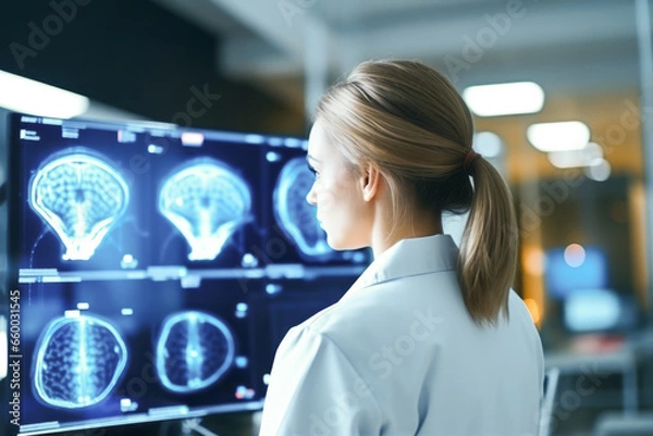 Obraz Expert Woman Neurologist Thoroughly Analyzing Brain Scans