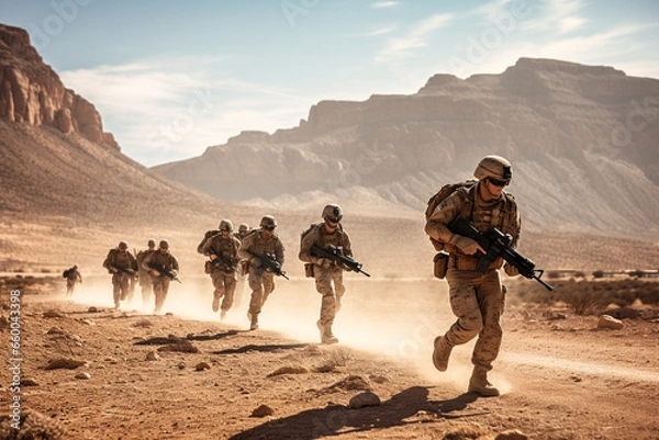 Fototapeta Against a backdrop of rugged desert mountains, a group of soldiers in uniform conducts a tactical training exercise, their movements precise and synchronized. 