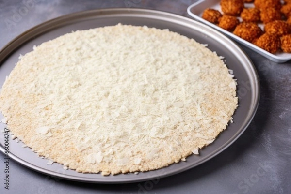 Fototapeta uncooked cauliflower pizza crust on baking sheet