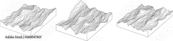 Fototapeta Illustration of a topographic map of the island hand drawn set. Abstract concept images for background. Lines and contours relief of mountains collection.