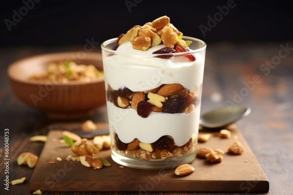 Fototapeta a parfait made with greek yogurt and mixed dried fruits