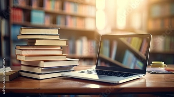 Fototapeta Library desk with books and laptop representing education technology and e learning