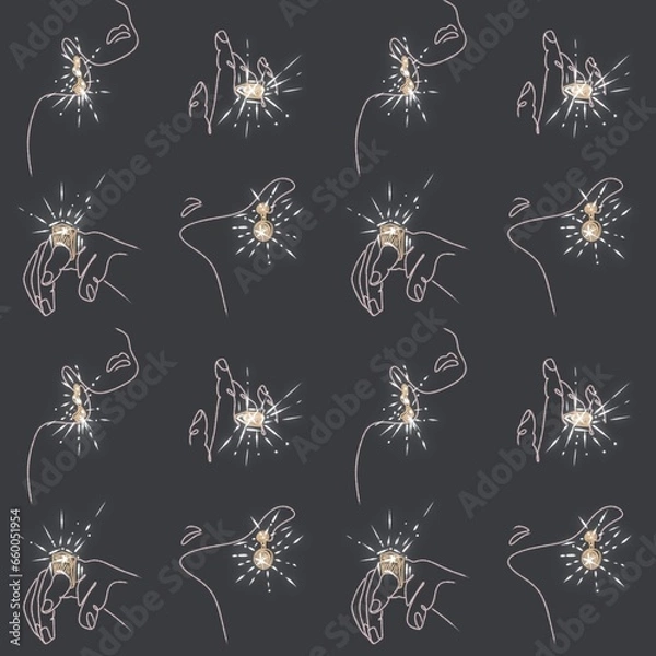 Fototapeta Seamless pattern with rings and earrings on a black background. Hand drawn illustration. Romantic graphics for invitation, save the date, card decoration.