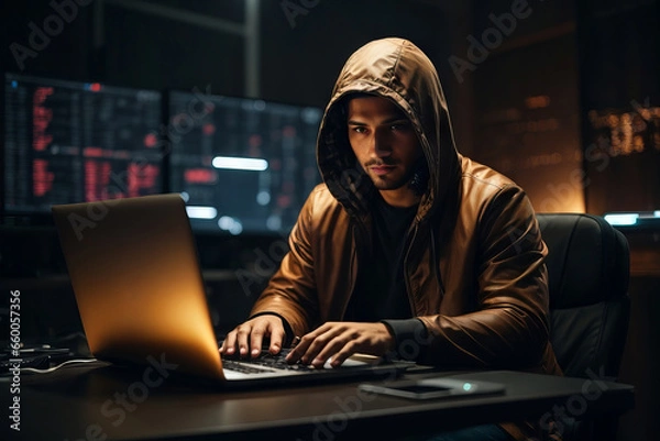 Fototapeta A brunette male hacker wearing a hooded jacket is working on a laptop. Hacking, computer games, modern technology, human mind concepts