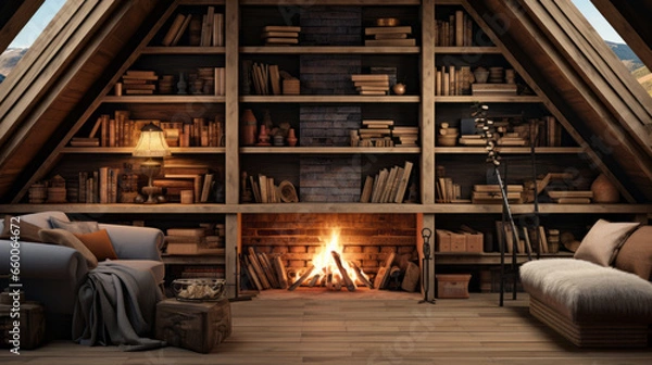 Fototapeta Attic with a wood-burning fireplace and a rustic bench and a wall of bookshelves