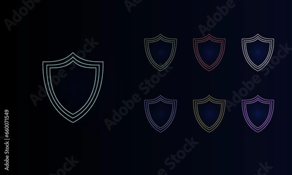 Fototapeta A set of neon shield symbols. Set of different color symbols, faint neon glow. Vector illustration on black background