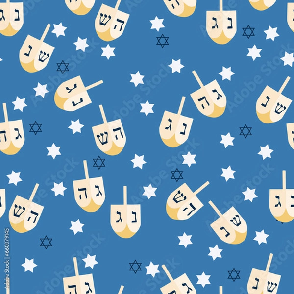 Fototapeta Vector seamless pattern with traditional Jewish spinning top Dreidel on a blue backdrop with Stars of David