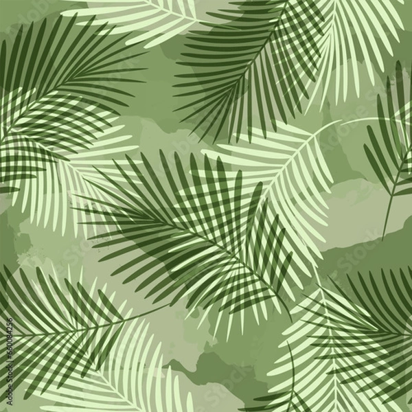 Fototapeta Palm Leaves Pattern. Watercolor Palm leaves seamless vector background, green jungle print textured