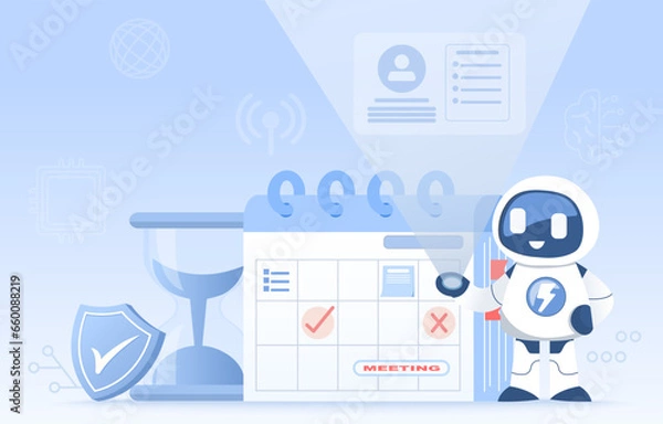 Obraz Artificial Intelligence (AI) technology and time management concept. Display daily schedules and appointments, reminders and send notifications. Flat vector design illustration.