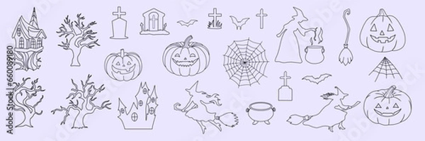 Obraz Spooky Cartoon Halloween Vector, Vector Halloween Decorations, Witch, Pumpkins, Jack o Lantern, Witch House, Spooky Tree, Spiderweb, Graveyard, Cauldron, Broom, Haunted House