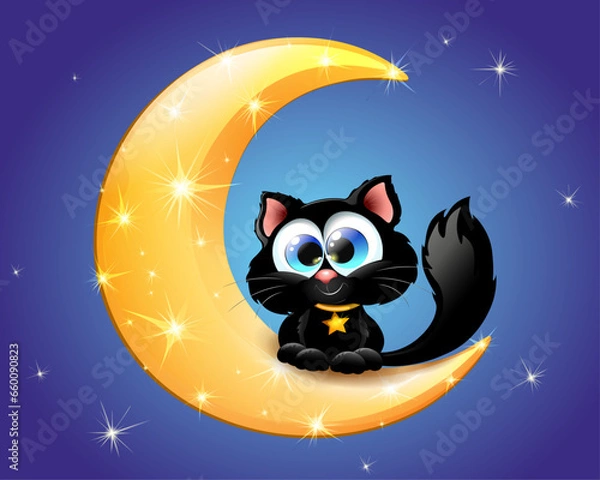 Fototapeta Cartoon cute funny black cat on the shining golden Moon with  golden star shape necklace