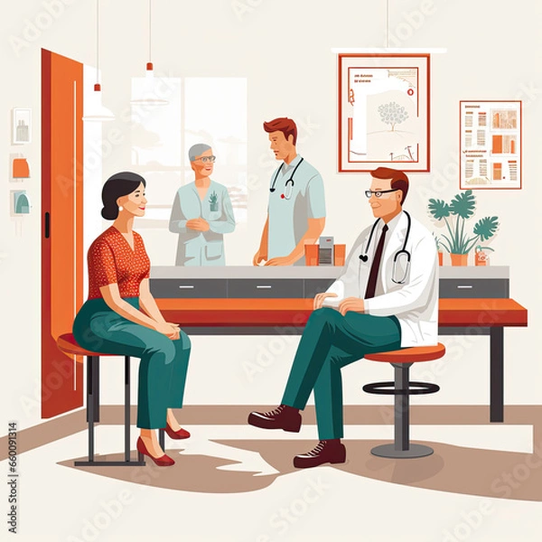 Obraz Illustration of a doctor and his female patient are sitting and talking placidly. In the background, a doctor and a nurse. Image made with AI.