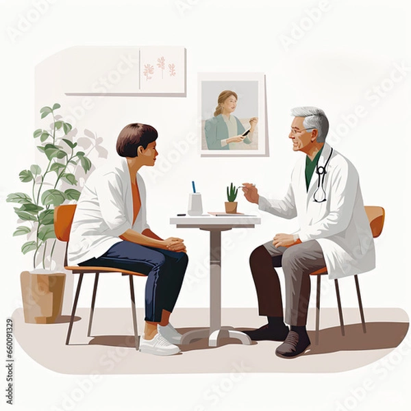 Obraz Illustration of a doctor explaining her diagnosis to a patient sitting in a medical consultation. Image of AI.