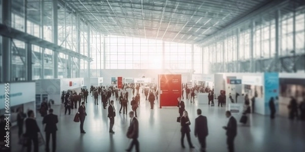 Obraz Background of an expo or convention with blurred individuals in an exposition hall. Concept image for a international exhibition, conference center, corporate marketing, or event fair.