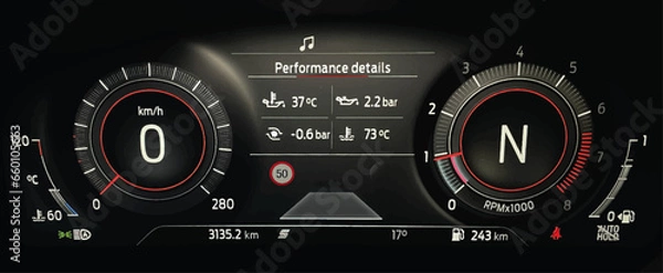 Fototapeta Car dashboard panel with speedometer, odometer, tachometer, fuel gauge and turbo boost pressure indicator. Modern LCD instrument cluster in sport car. Vector illustration. Performance details.