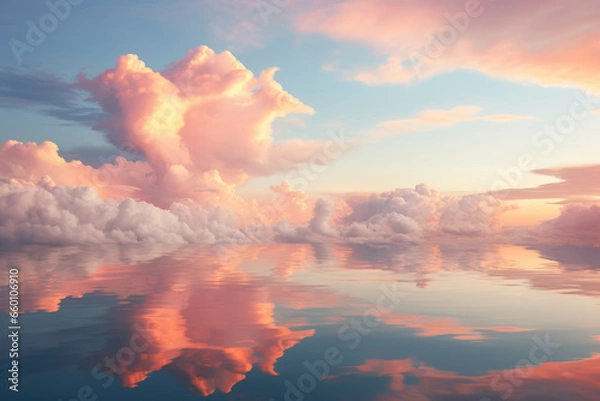 Fototapeta Sun Setting Over Water with Colorful Sky and Clouds with Reflection, Generative AI