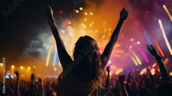Fototapeta Girl at a night open air party festival with fireworks and dry holi colors. Creative banner for youth party concert.