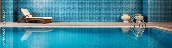 Fototapeta An indoor swimming pool with azure waters, the wall tiles around providing space for pool safety guidelines or art.