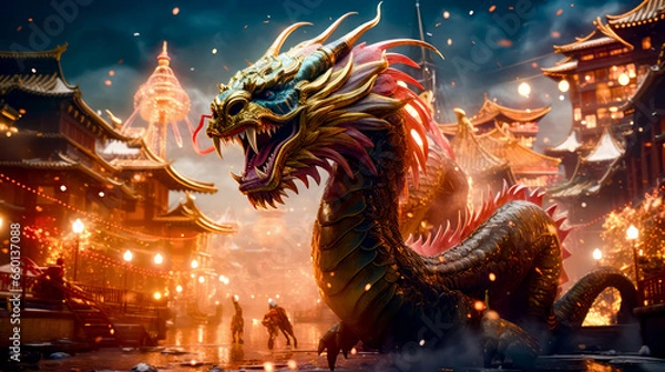 Fototapeta Dragon with its mouth open in front of city with tall buildings.