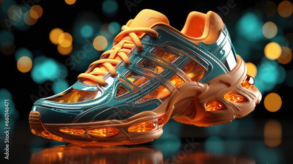 Fototapeta In the Metaverse: Striking bright trainers, NFTs, E-commerce, fashion trend. Stand out."