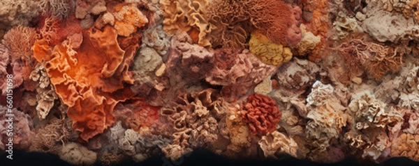 Fototapeta Texture of a coral reef, with a rough and rocky surface. Shades of brown, red, and yellow intertwine to create a natural, organic look.