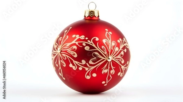 Fototapeta Isolated red Christmas Ornament on a white Background. Festive Template with Copy Space