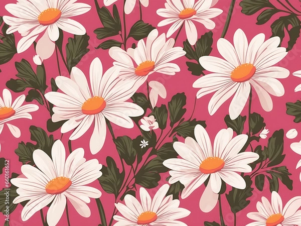 Obraz Vector retro seamless pattern with white daisies and pink background