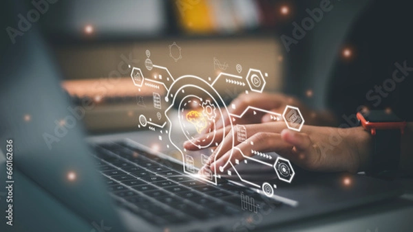 Fototapeta AI, Artificial Intelligence, digital software technology, mobile app development, software coding in business in the digital marketing, Financial and banking,