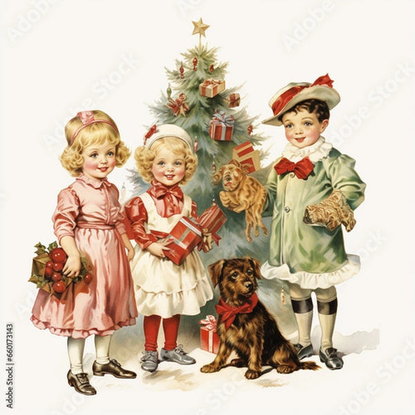 Fototapeta Vintage children christmas illustration isolated on a white background (generative AI)