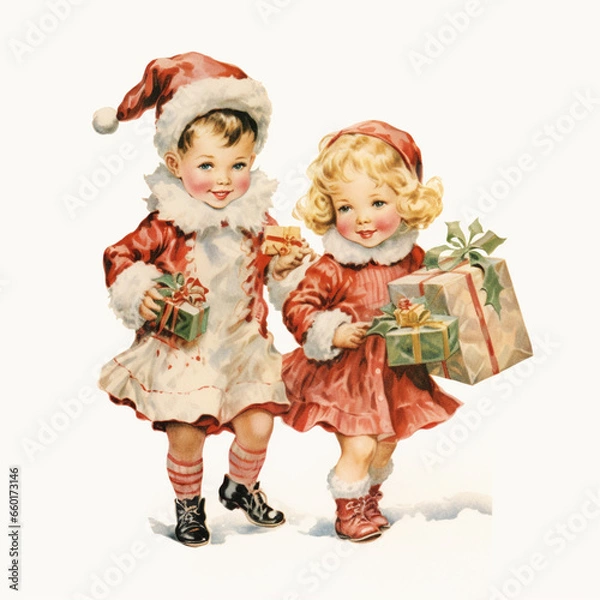 Fototapeta Vintage children christmas illustration isolated on a white background (generative AI)