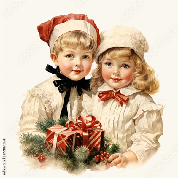 Fototapeta Vintage children christmas illustration isolated on a white background (generative AI)