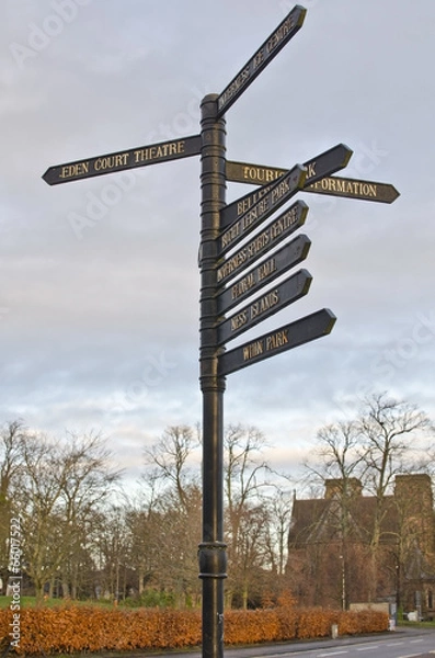 Fototapeta Signpost to different attractions in Inverness, Scotland