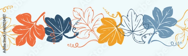 Obraz Pumpkin Leaves Seamless Border Pattern. Repeating Tape of Autumn Leaf  Vector illustration. Great for Thanksgiving Day Design.