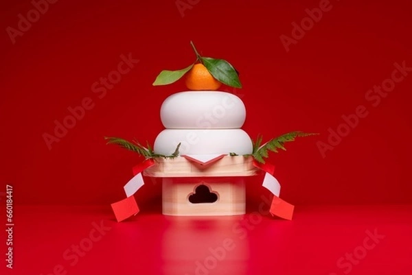 Fototapeta 鏡餅"を中央に配置した写真　赤背景　低い三宝(台座)あり