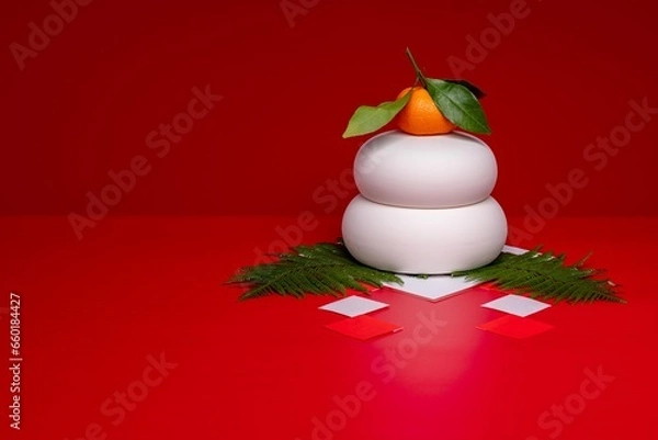 Obraz “鏡餅"を右側に配置した写真　赤背景　三宝(台座)なし