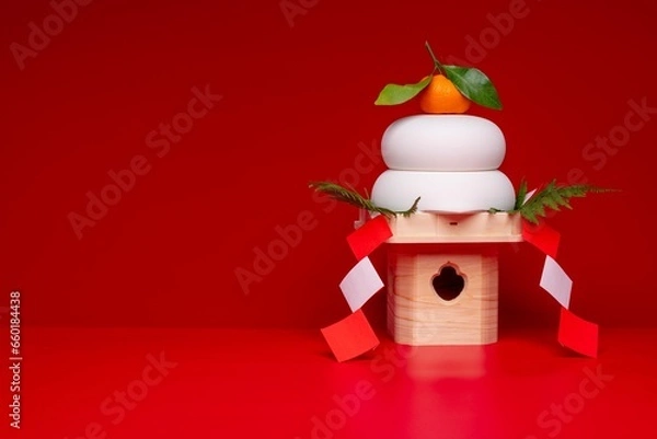 Obraz “鏡餅"を右に配置した写真　赤背景　三宝(台座)あり