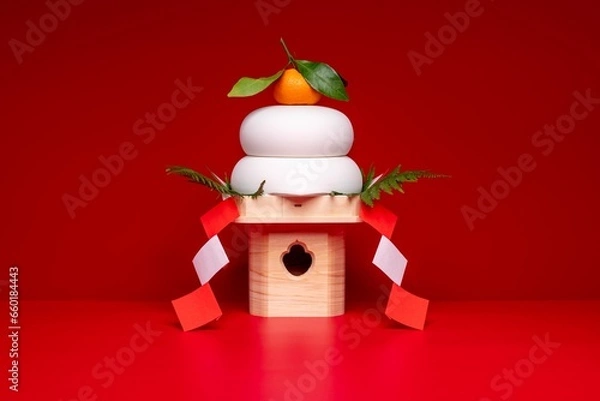 Obraz “鏡餅"を中央に配置した写真　赤背景　三宝(台座)あり