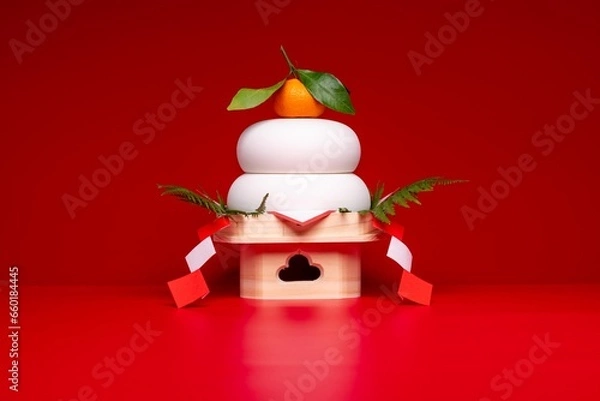 Obraz 鏡餅"を中央に配置した写真　赤背景　低い三宝(台座)あり