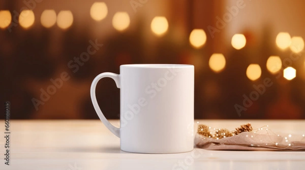 Fototapeta Blank white mug mockup on wooden table with cozy blurry Christmas background, Empty cup template. Generative AI