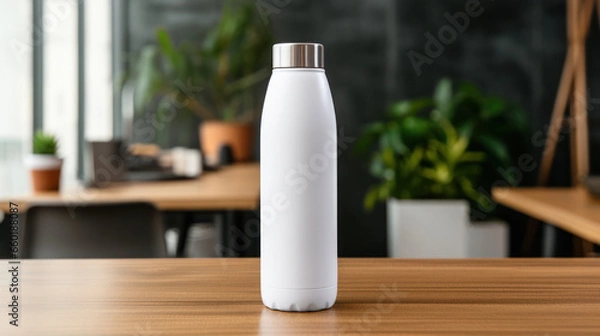 Fototapeta Mockup of a blank white water bottle with nature background, Empty reusable bottle template, Package display. Generative AI