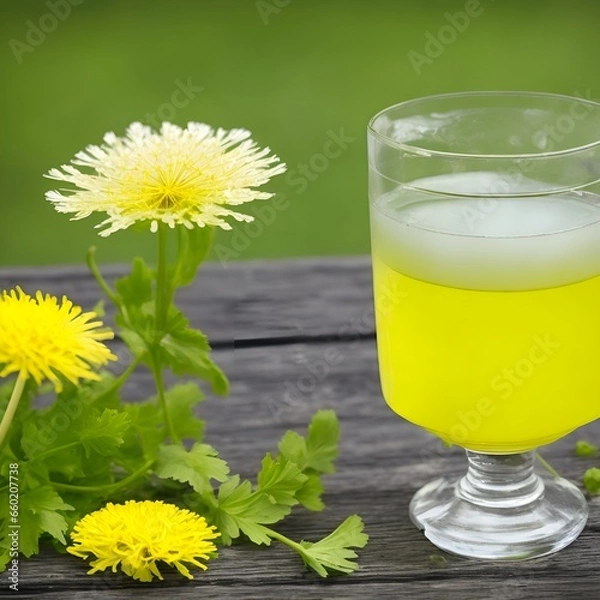 Fototapeta Dandelion tea. yellow summer flowers dandelions. tea party homemade drink. certified flower tea