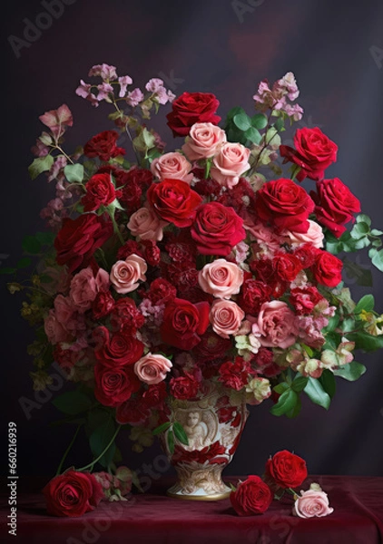 Obraz Vibrant bouquet of red and pink flowers in a decorative vase