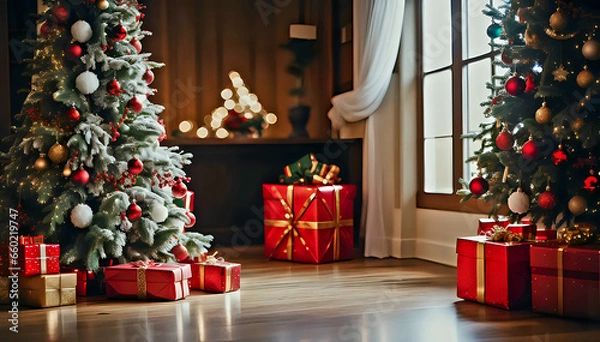 Fototapeta Christmas background of the interior of a house with Christmas trees adorned with red and white baubles, a fireplace, and red and gold gifts