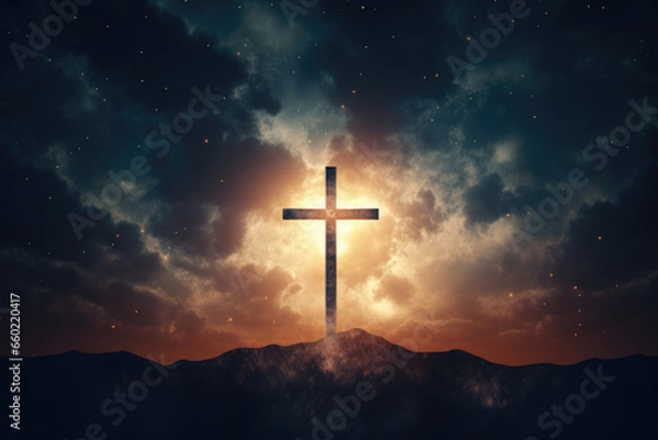 Fototapeta Cross Illuminated in Dark Sky with Clouds, God, Religion, Generative AI